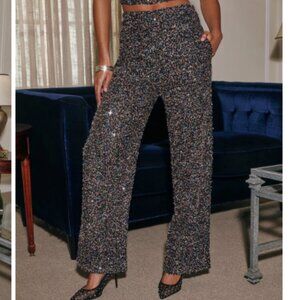 VICI Starlight Gleam Black Multi Boucle Knit Sequin Wide Leg Pants S